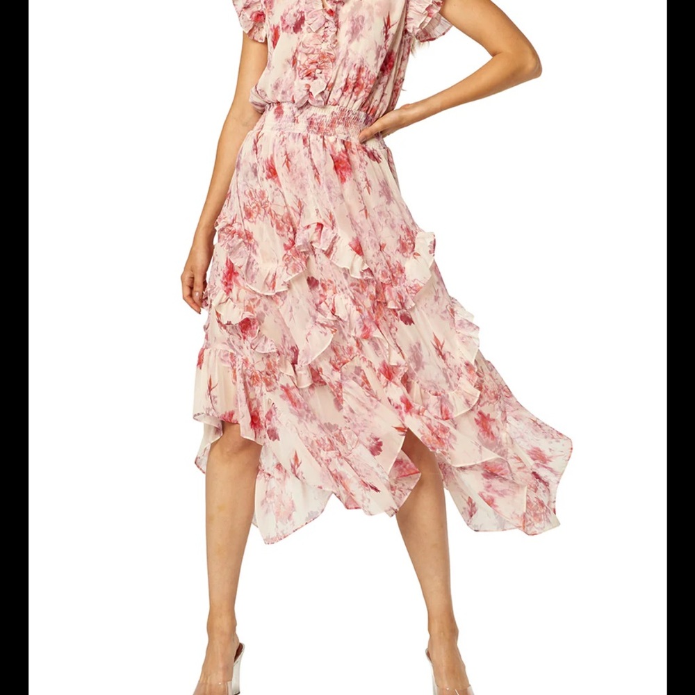 MISA Los Angeles Floral Pink Ruffle Dress